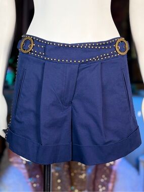 Tracy Reese Navy Blue Stretch Cotton Pleated Gold Stud Double Buckle Shorts Sz 6